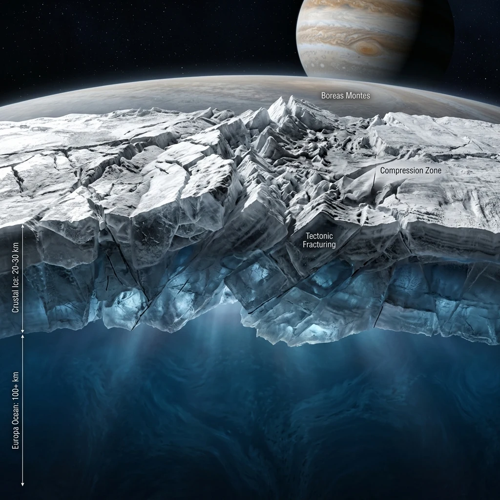 A technical cutaway diagram showing subsurface liquid water oceans driving tectonic…