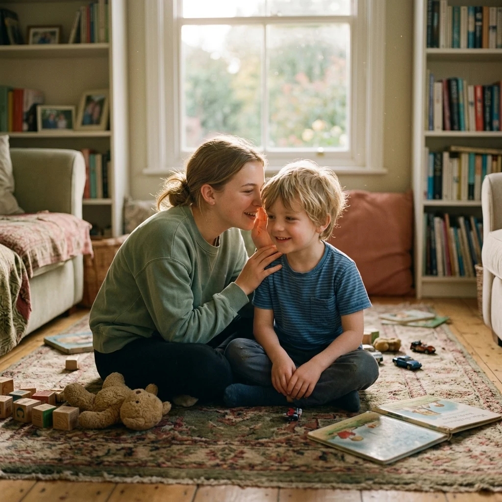 A teenage girl whispering a secret to her six-year-old brother on a rug in a sunlit…