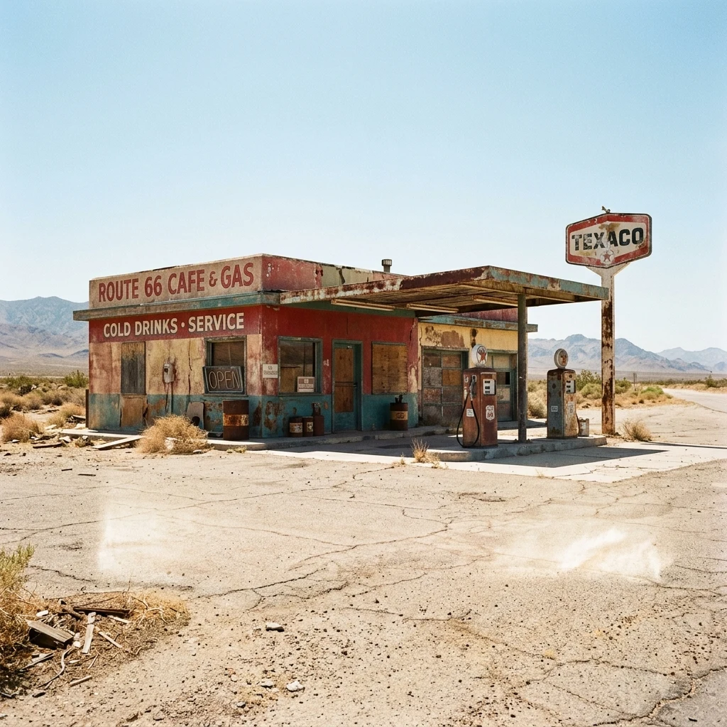 Old gas station in the desert heat