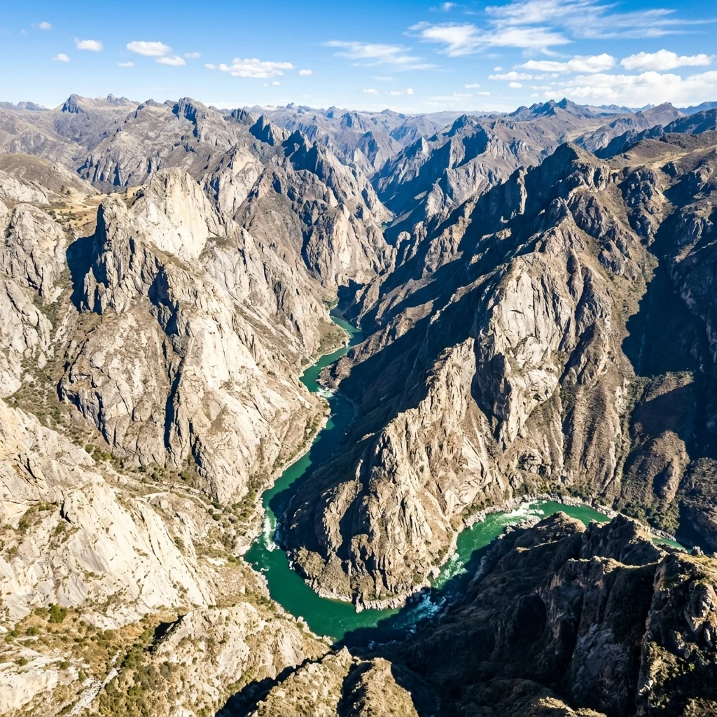 An aerial view of the meandering Mantaro River cutting a deep green gorge through the…