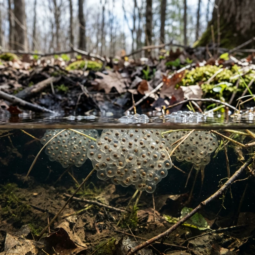 Clear amphibian eggs in a forest pool
