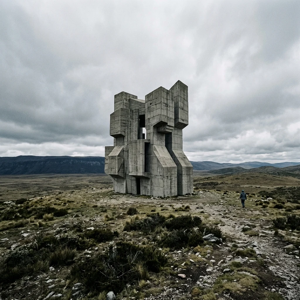 A wide-angle 24mm shot of a monolithic concrete monument standing alone on a windswept…