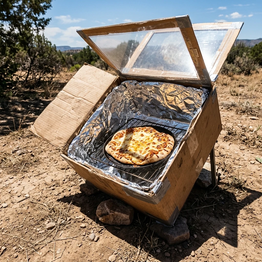 A makeshift solar oven made from a cardboard box lined with crumpled aluminum foil from…