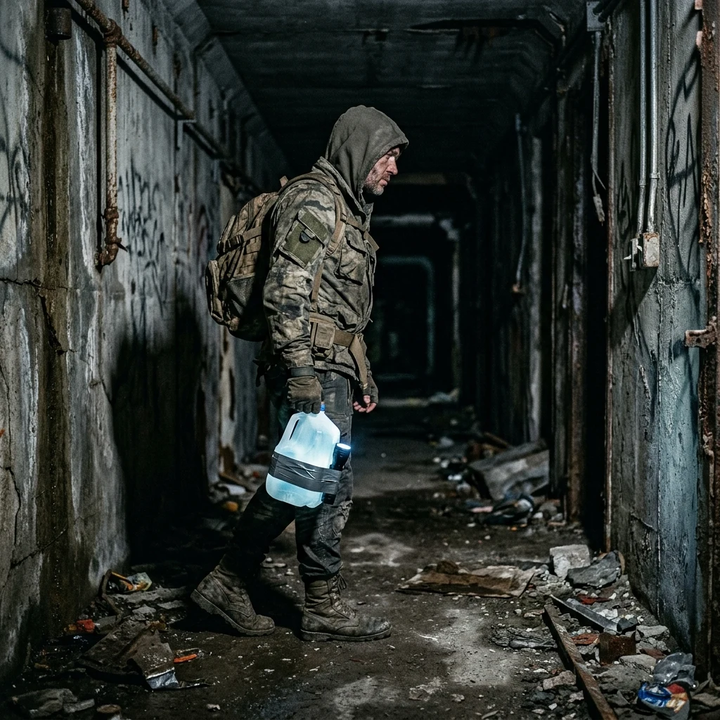 A survivor holding a makeshift lantern made from an LED flashlight strapped to a…