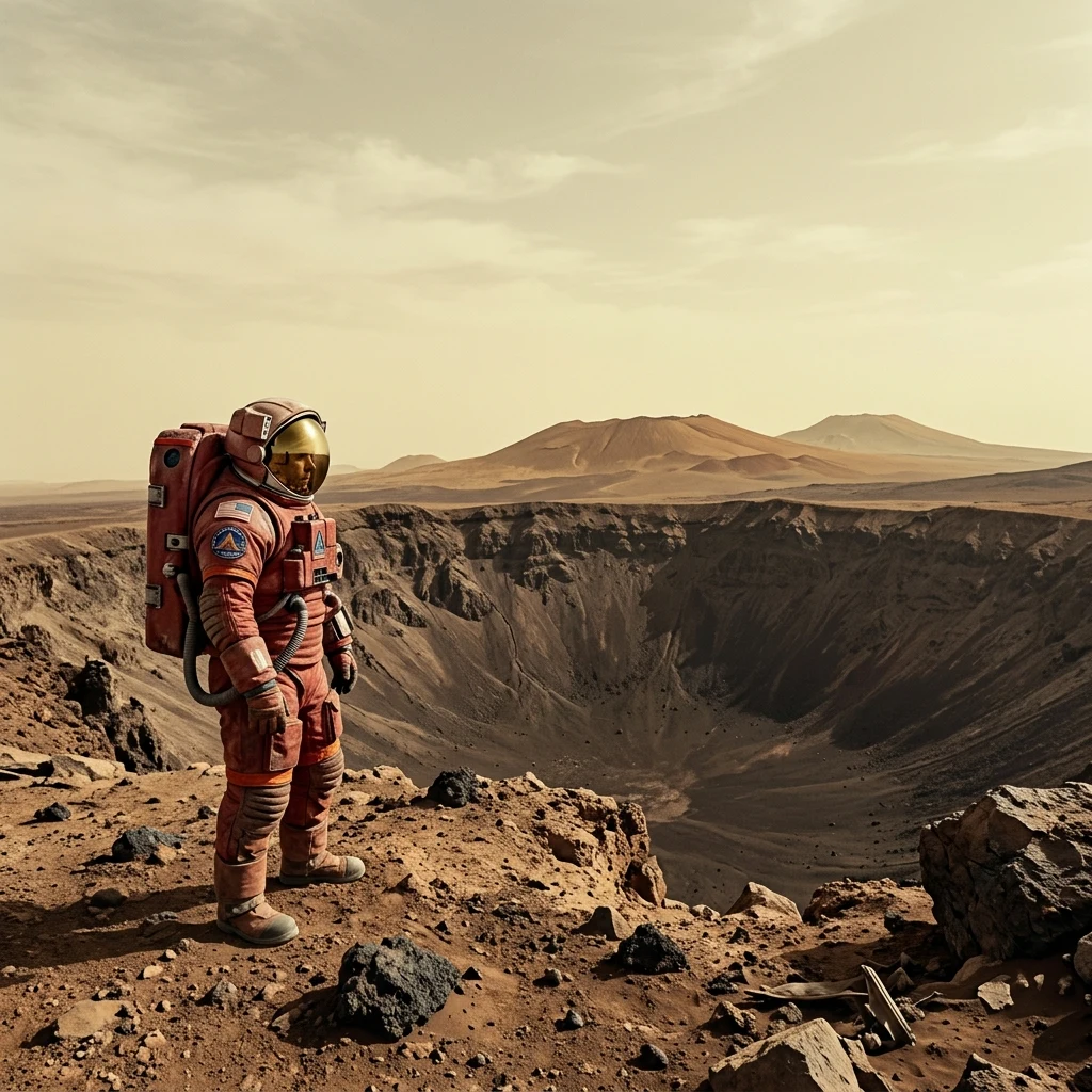 A Martian explorer in a bulky red spacesuit standing on the rim of a crater in Elysium…