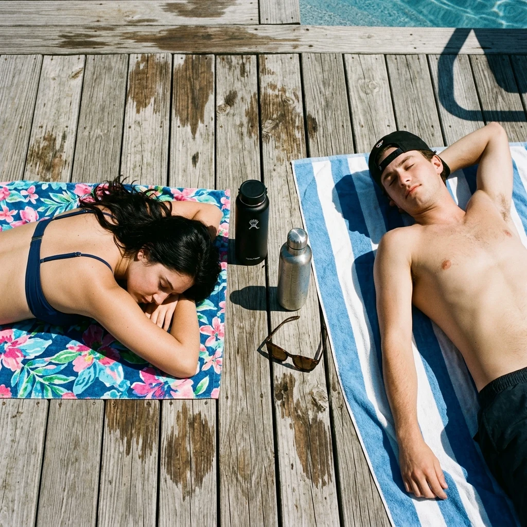Sunbathing: A 21-year-old young woman in a minimal black micro-ribbed bikini lying…