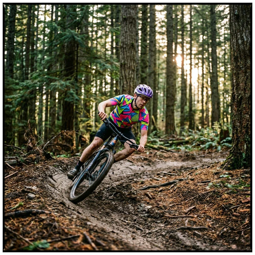 Mountain biker on a muddy forest trail