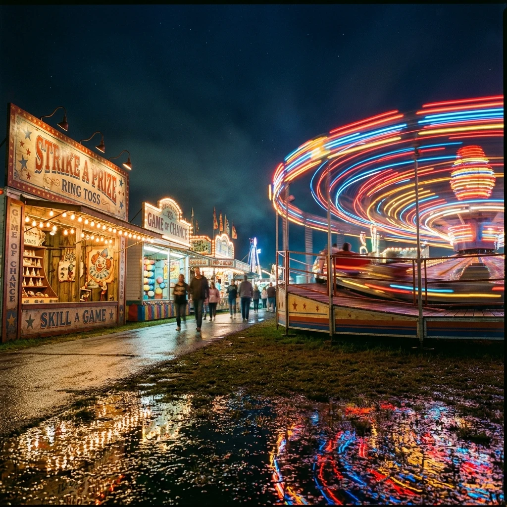 A carnival midway at night on long exposure