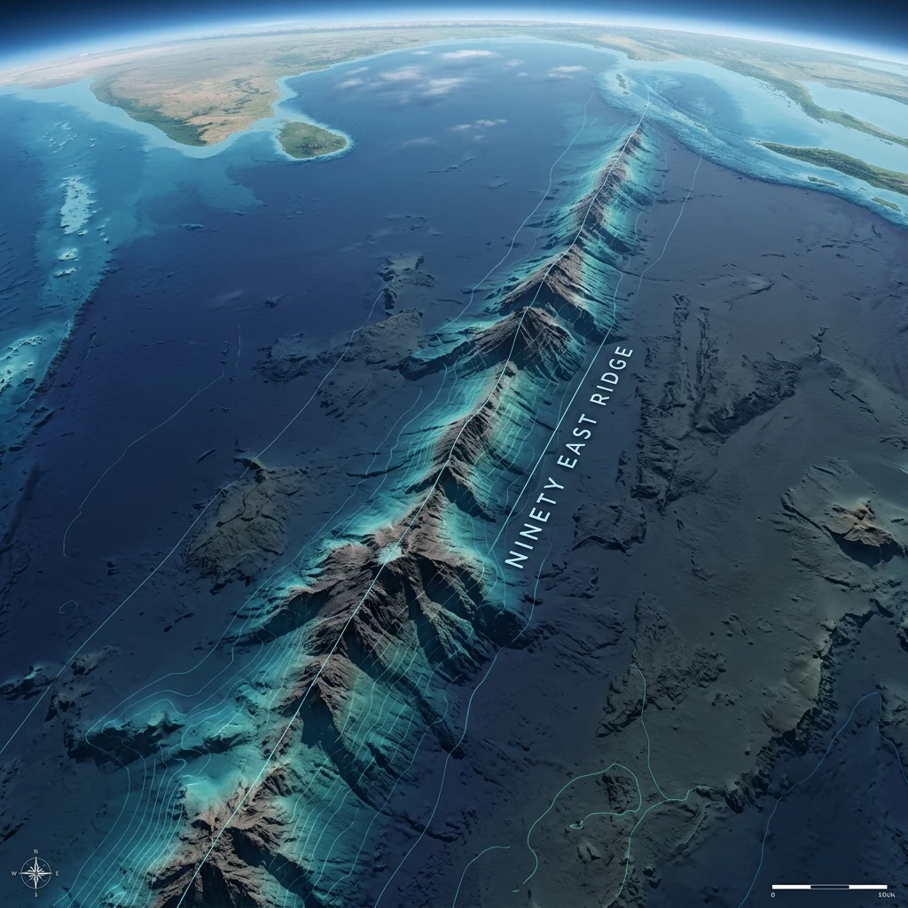 A 3D bathymetric map of the linear Ninety East Ridge running straight as an arrow across…