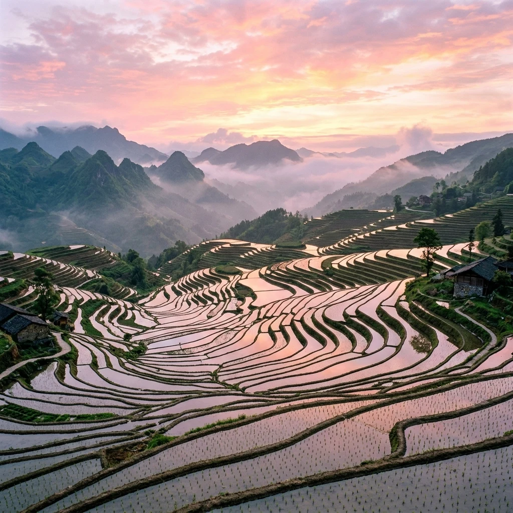 Terraced rice paddies in Guizhou flooded for planting season