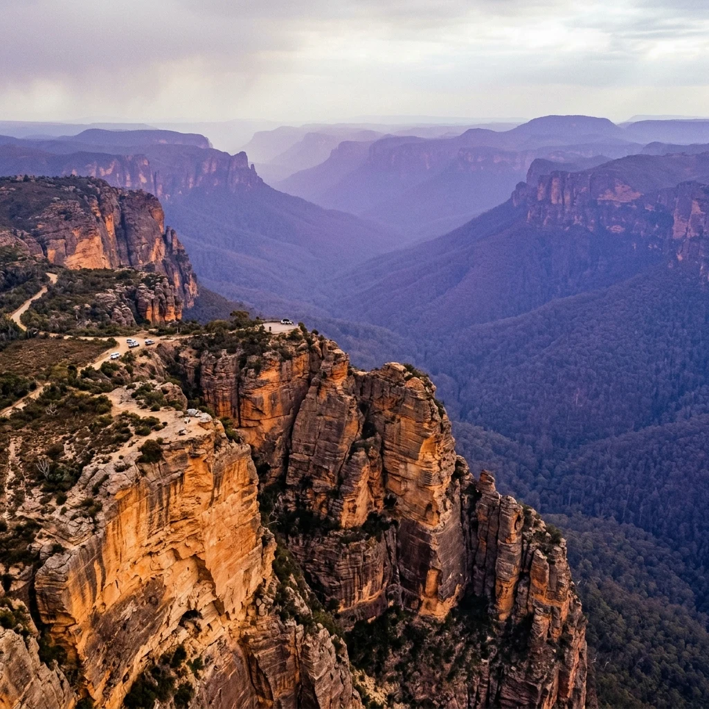 An aerial drone shot of the sheer sandstone cliffs of the Blue Mountains in the Great…