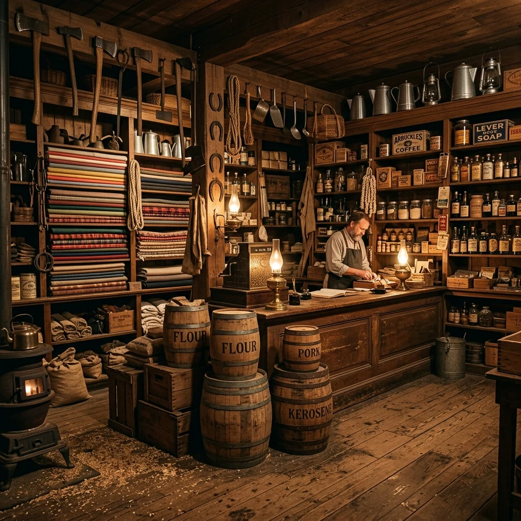 An 1880s general store interior lit by oil lamps