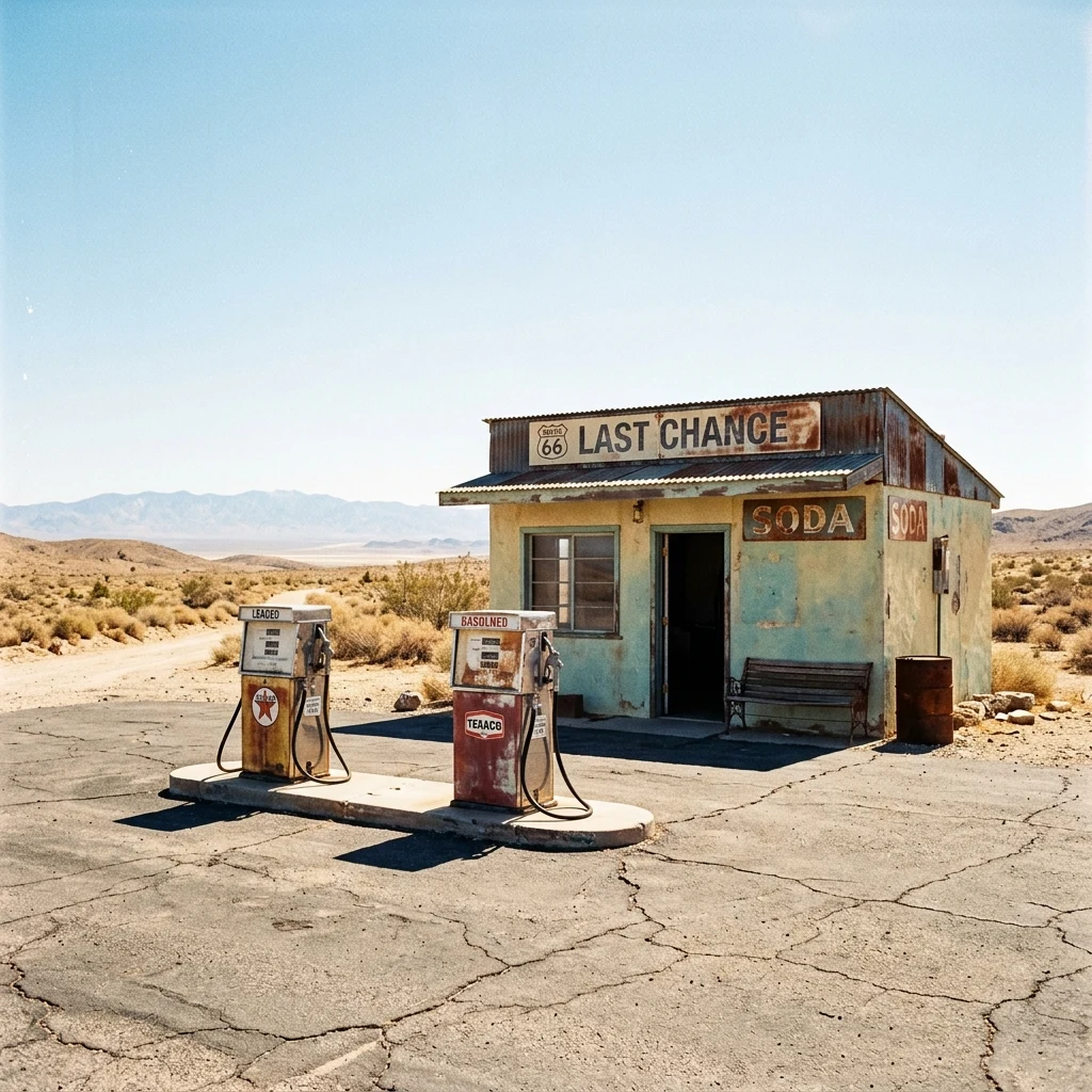 A sun-bleached desert gas station at high noon
