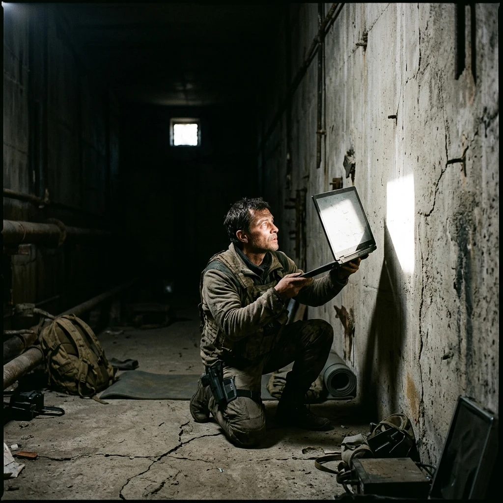 A survivor using a polished glass laptop screen as a signal mirror and daylight reflector…