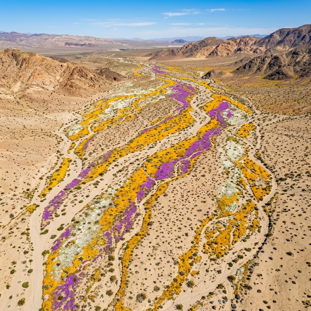 A desert superbloom photographed from altitude by drone