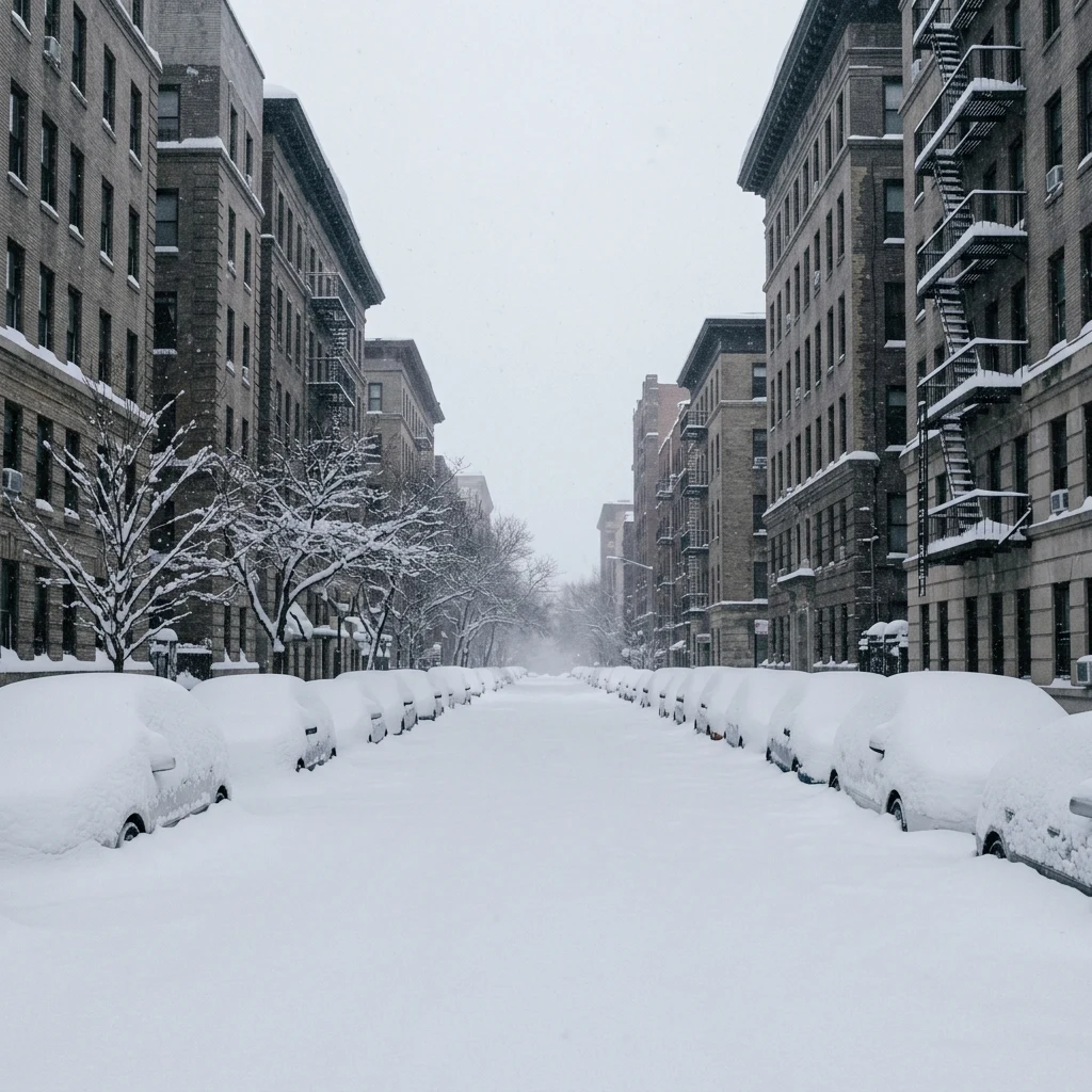 A snowbound city street where the parked cars have become drifts