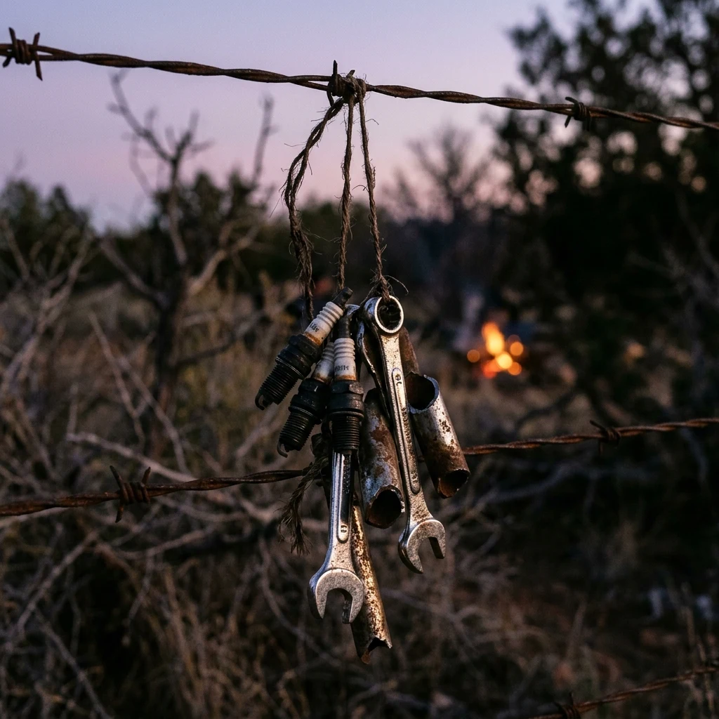A wind chime security alarm hanging near a camp perimeter