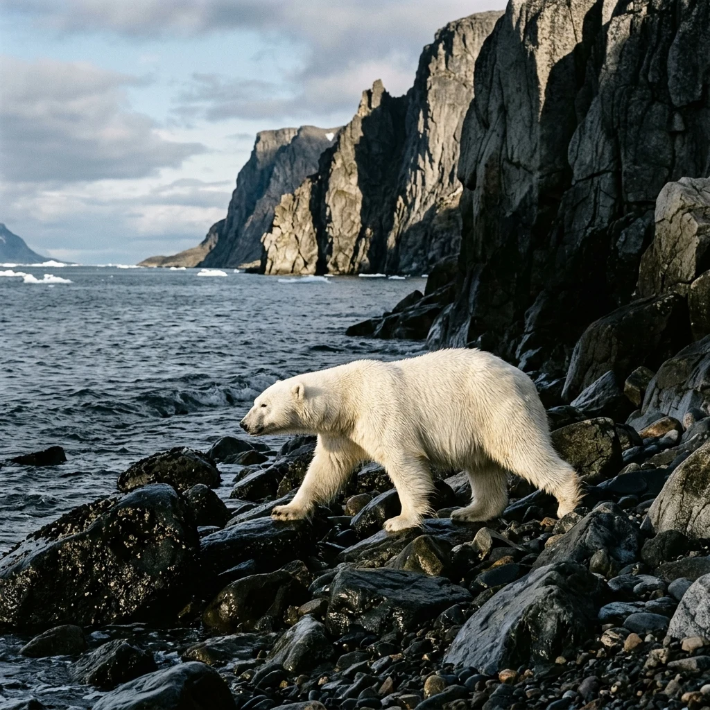 A high-contrast photograph of a polar bear walking along a rocky fjord beach in the…