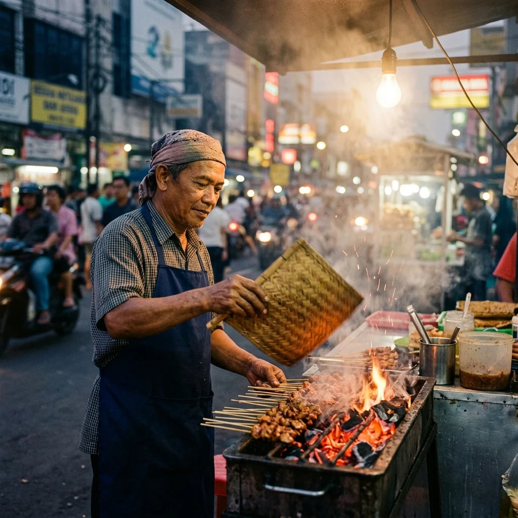 Street vendor grilling skewers at night