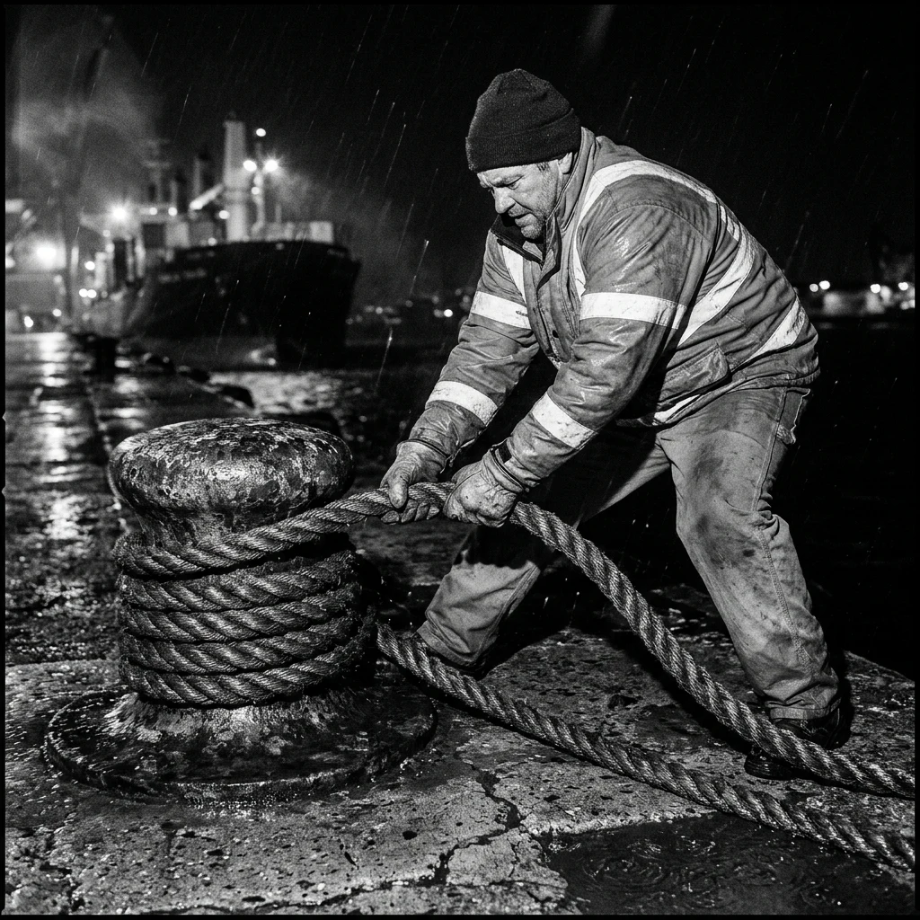 A dockworker in a high-visibility float coat securing heavy wet hawser lines to an iron…
