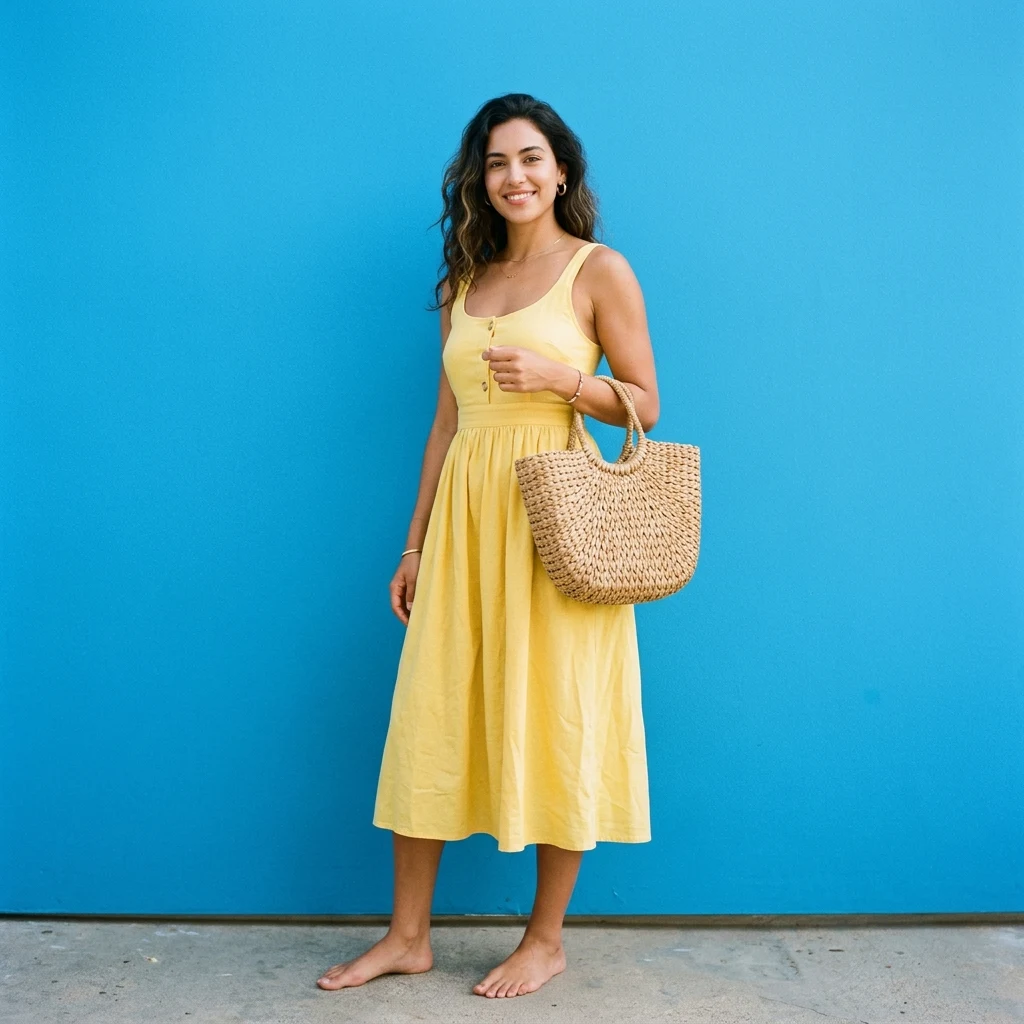 Person in a yellow dress on a blue wall