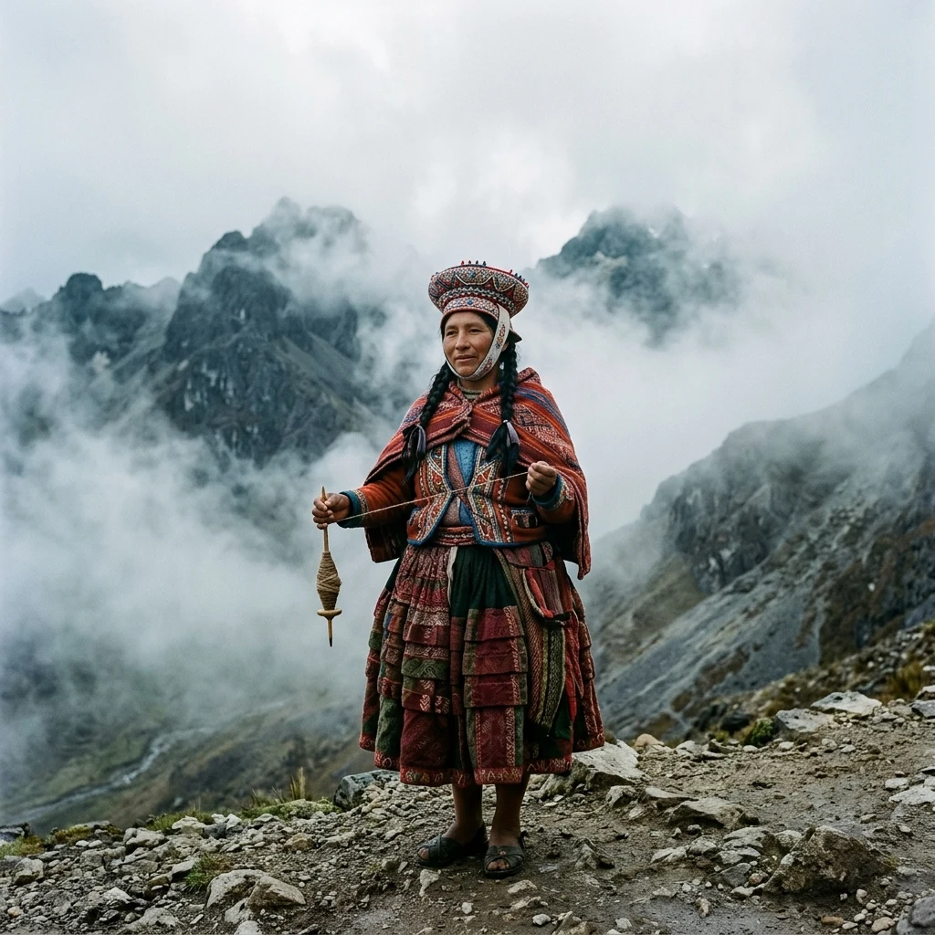 A Quechua woman in a vibrant embroidered montera hat and multi-layered wool pollera skirt