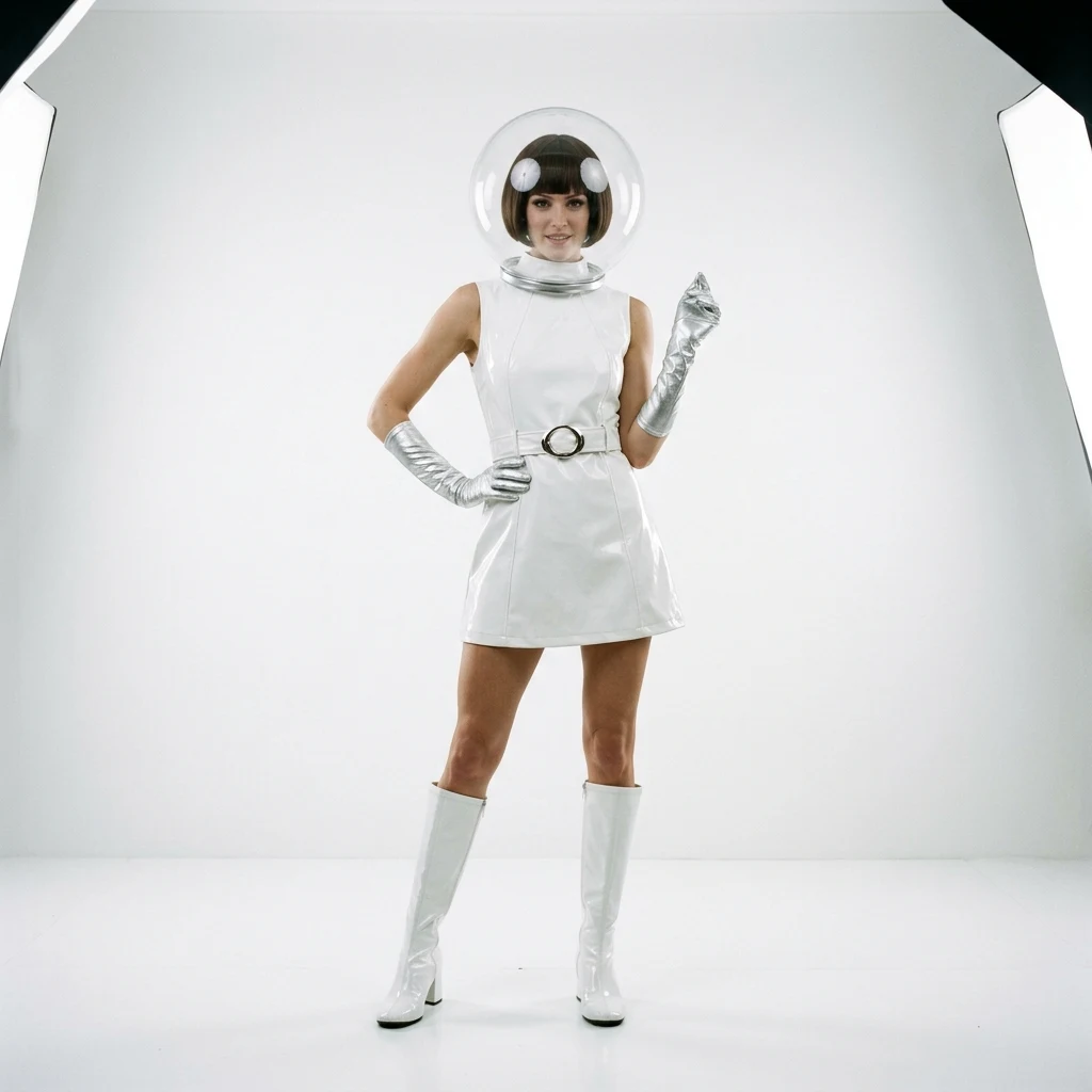 Retro futuristic fashion in a white studio