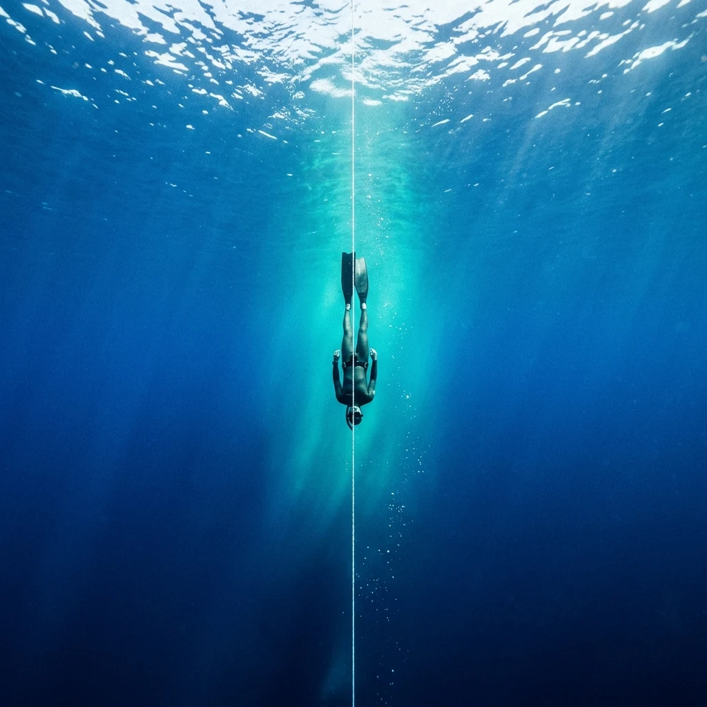 Diver descending into the deep blue ocean