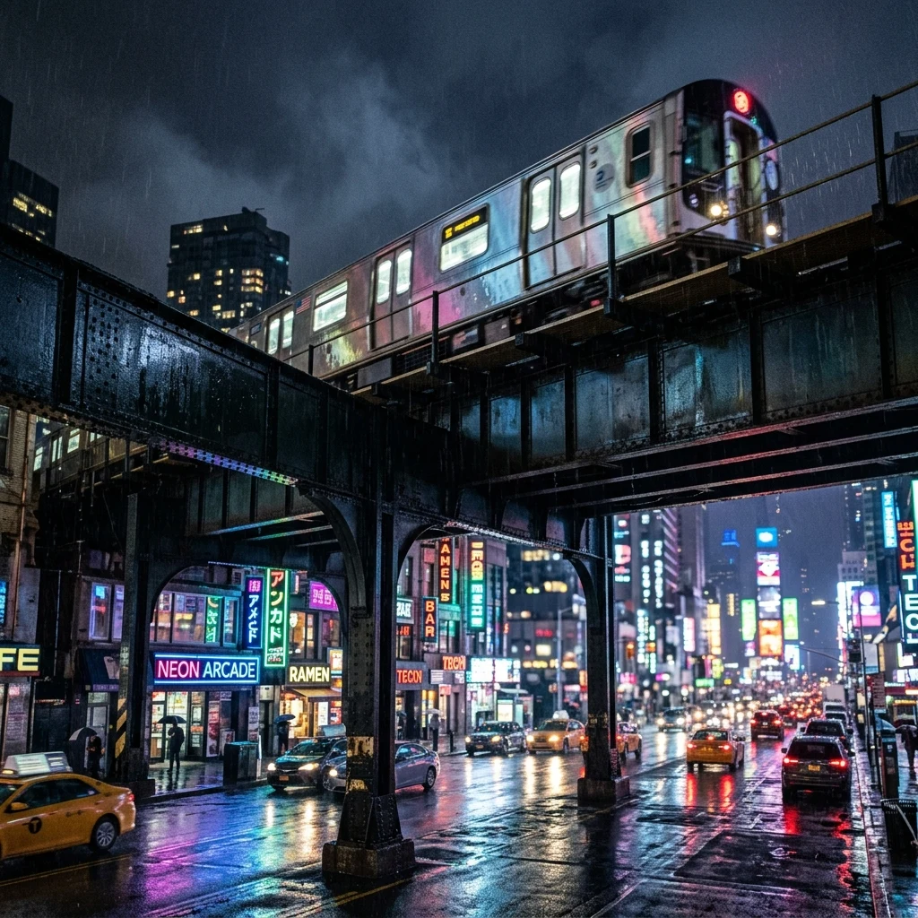 An elevated subway train rattling across a rain-soaked iron trestle at night