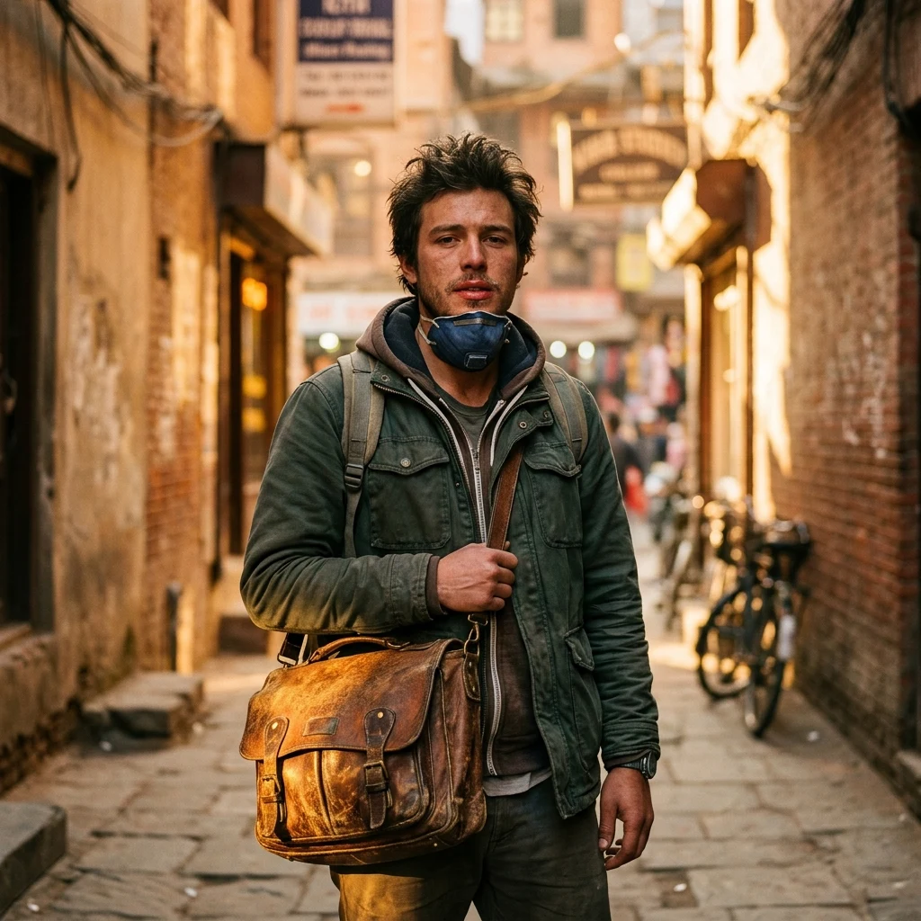 A courier in his late twenties at golden hour