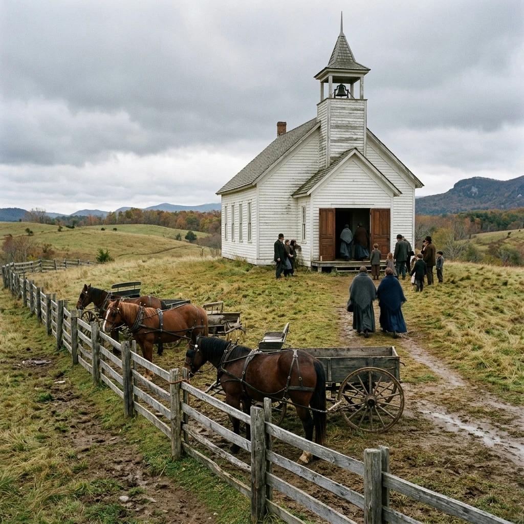 A country church gathering on a grassy hill
