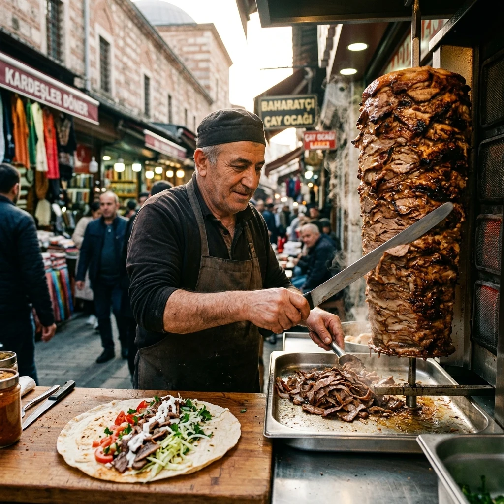 Street food vendor preparing a fresh meat wrap