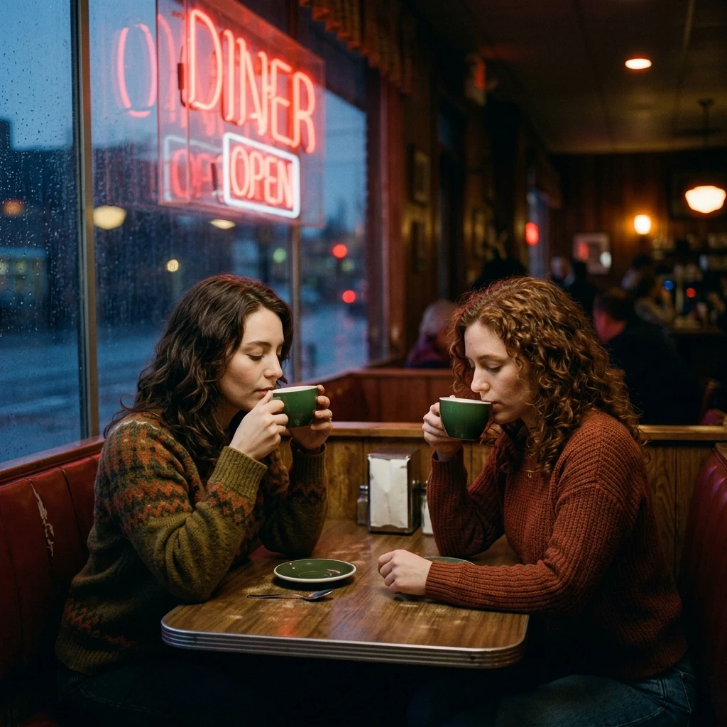 Fraternal twin women in their late twenties sitting across from each other in a diner…