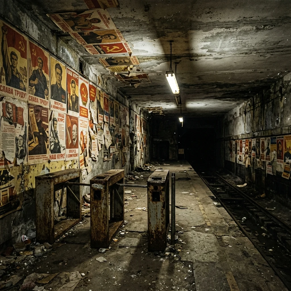 Abandoned subway station with flickering lights