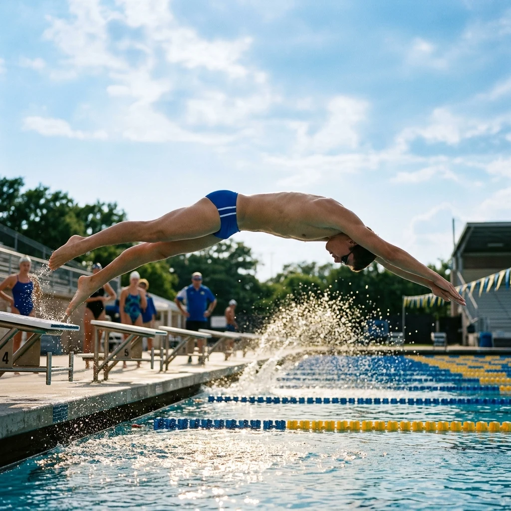 Diver leaping into a bright outdoor pool
