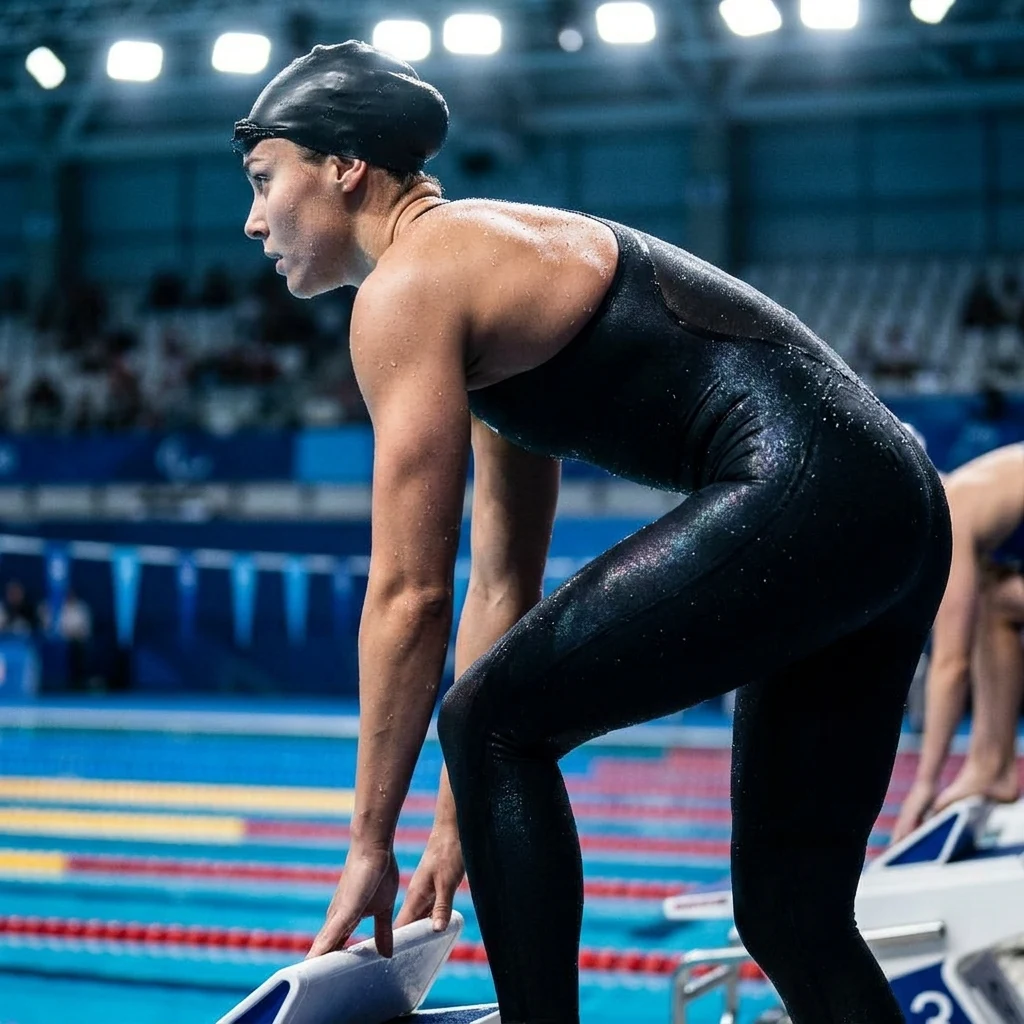 A female competitive swimmer in a technical full-body LZR compression suit