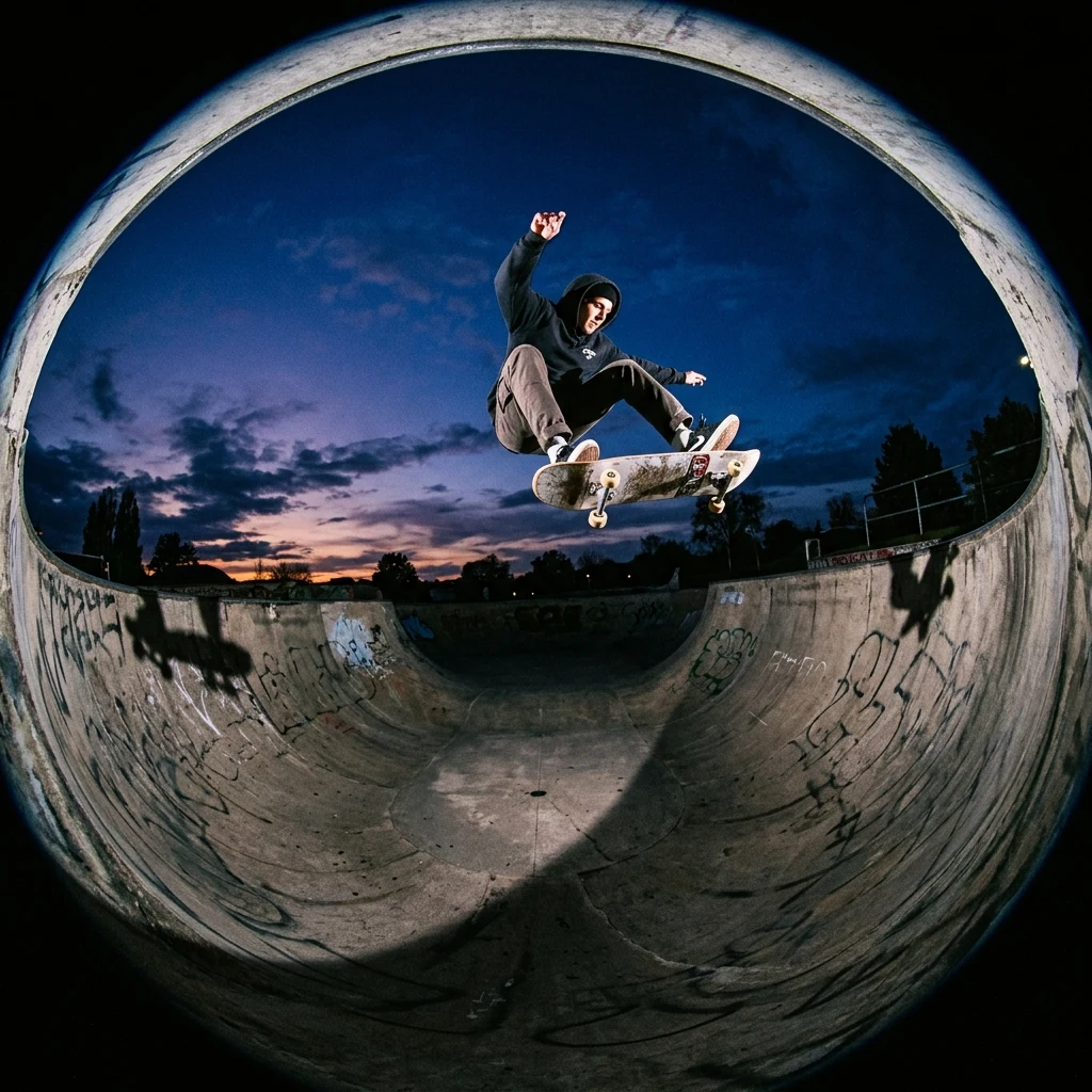 A skater frozen mid-kickflip by flash at dusk