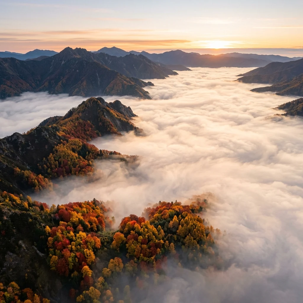 Autumn trees peeking through morning mountain fog