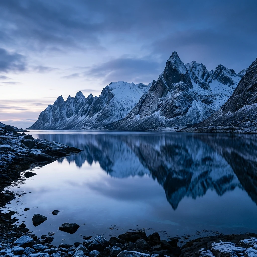 Jagged mountain peaks reflected in a fjord