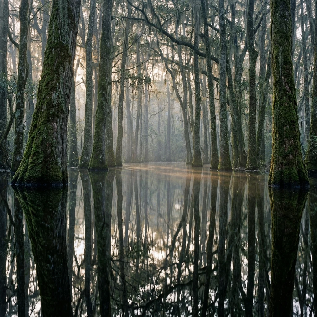 A flooded floodplain forest with trunks standing in still water