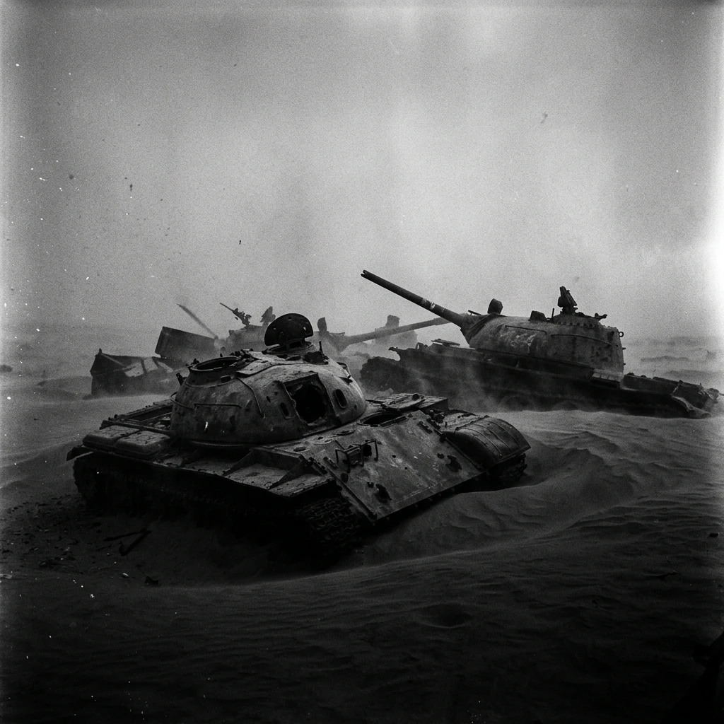 Abandoned tanks in a dusty desert landscape