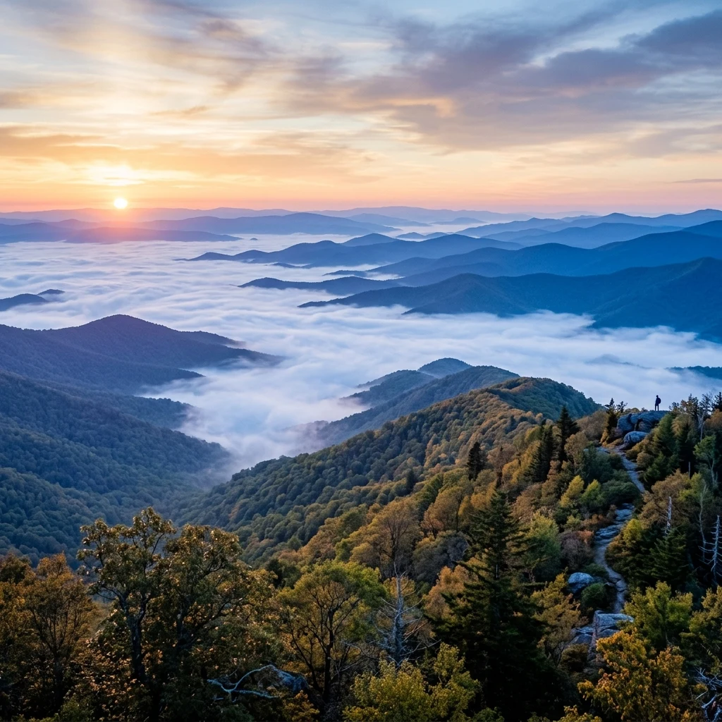 National Geographic style panoramic landscape of the Appalachian Mountains at sunrise