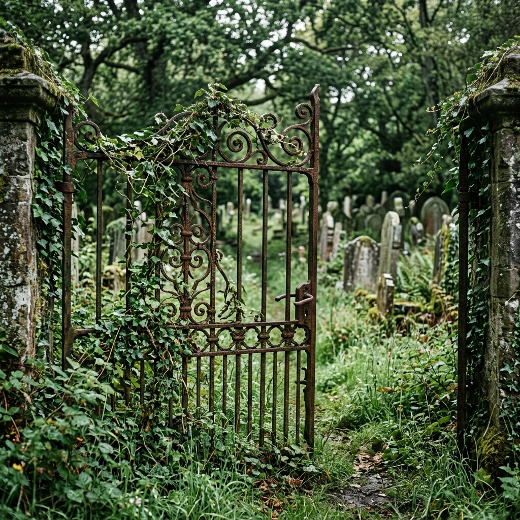 A rusted iron gate leading into an overgrown