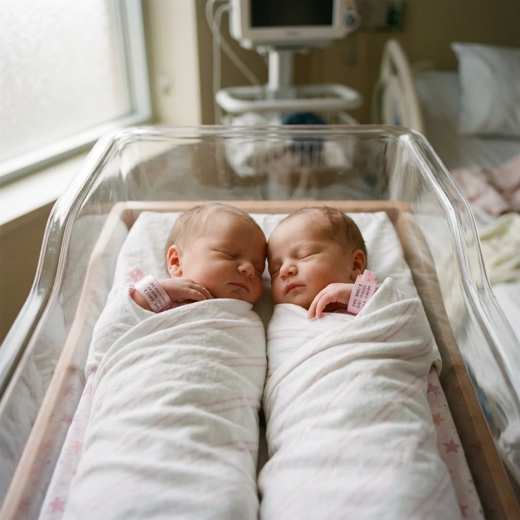 Identical twin newborn girls lying in a hospital bassinet