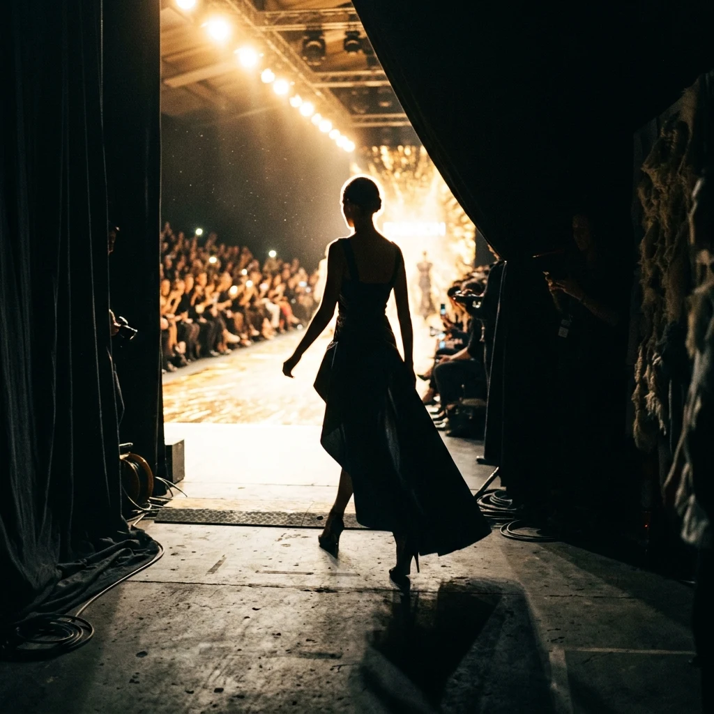 Model exiting the runway into shadows