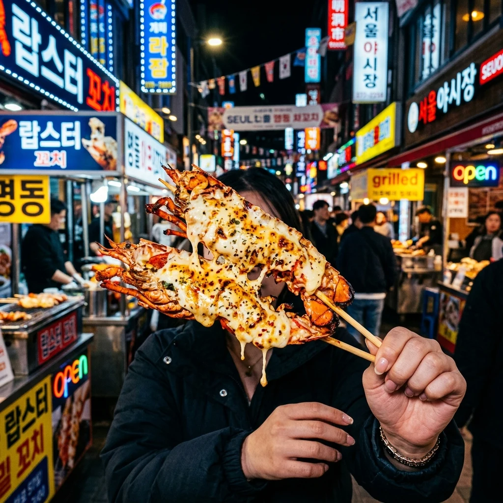 A bustling night market in Seoul's Myeongdong