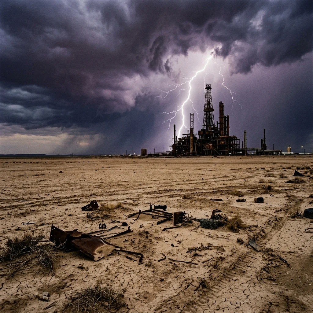 A barren desert wasteland under a bruised purple storm sky