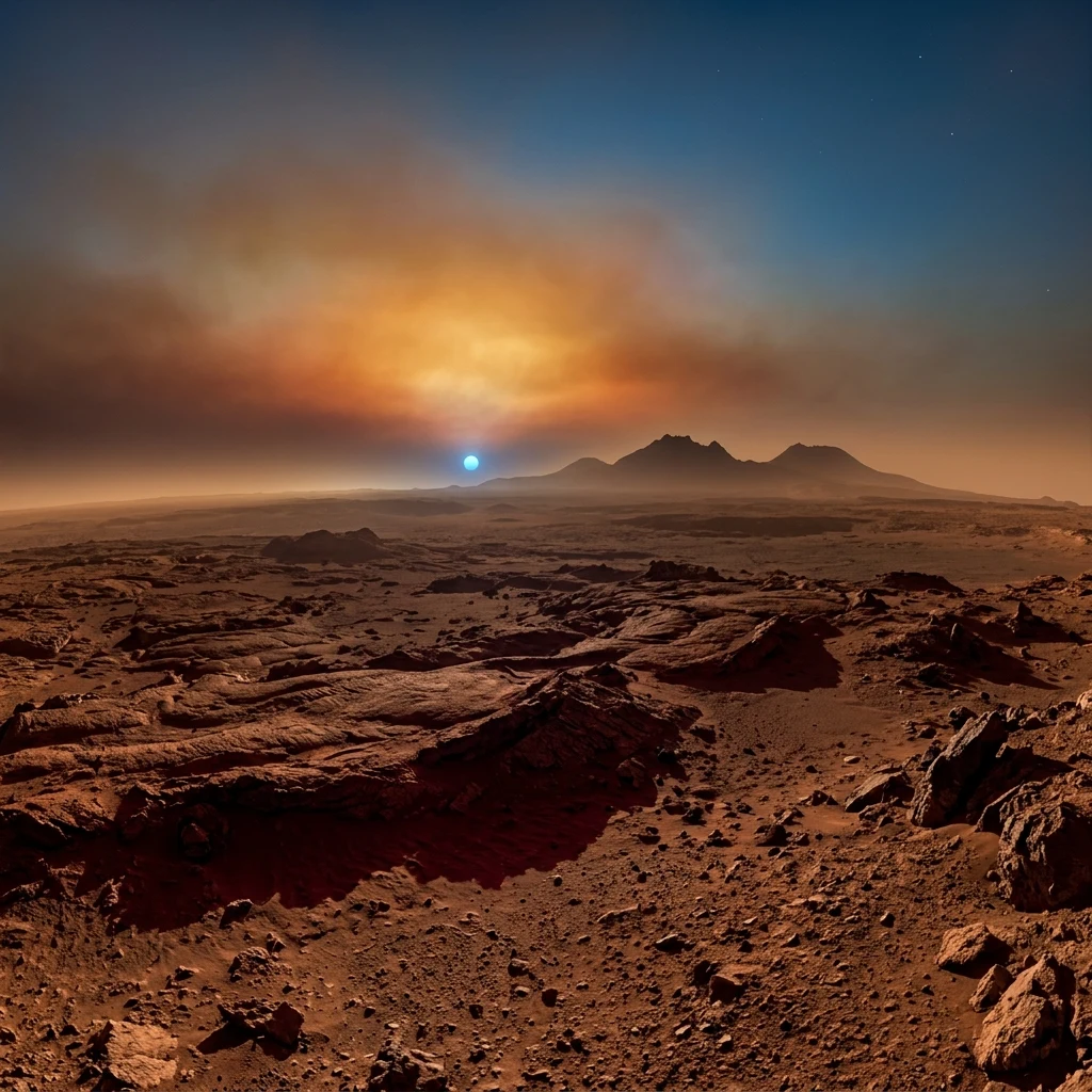 A dramatic sunset over the Tharsis Montes volcanic plateau