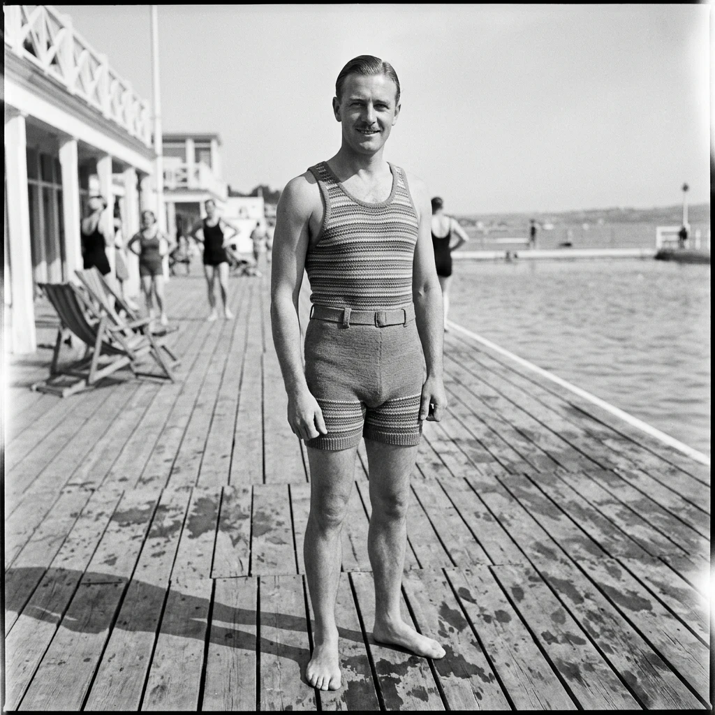 A 1930s gentleman in a two-piece striped knitted swim suit with a tank top connected to…