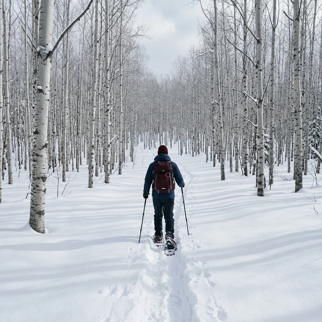 Snowshoer trekking through a birch forest